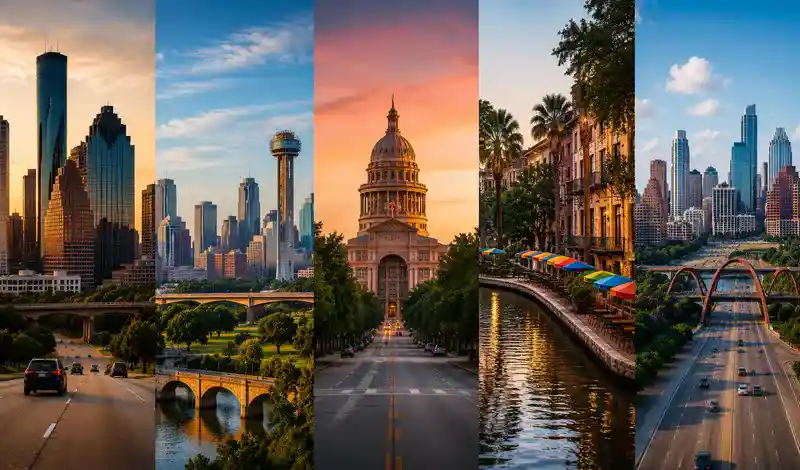 Texas skyline comparison featuring Houston, Dallas, Austin, San Antonio, and other major cities for travelers.